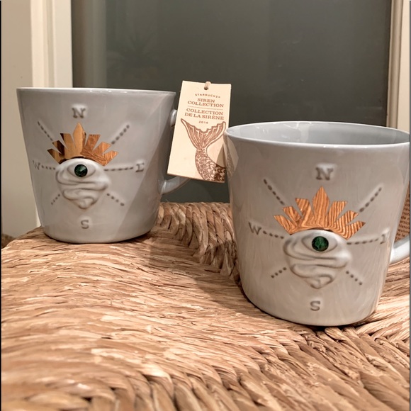Set of 2 Starbucks Mugs, 2014 Siren Collection Compass Mug Whitish Grayish NWT